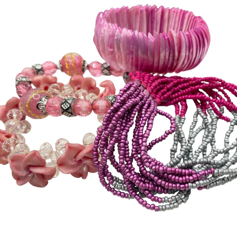 Bracelet Bundle Lot Of 4 Pink Shell Seed Beads Acrylic Glass Stretchy